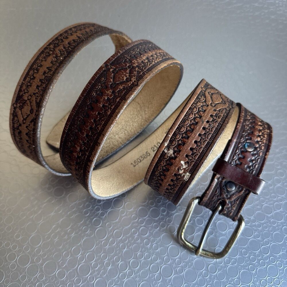 Vintage Western Embossed Tool Brown Leather Belt USA Mens Big & Tall - Size 50
